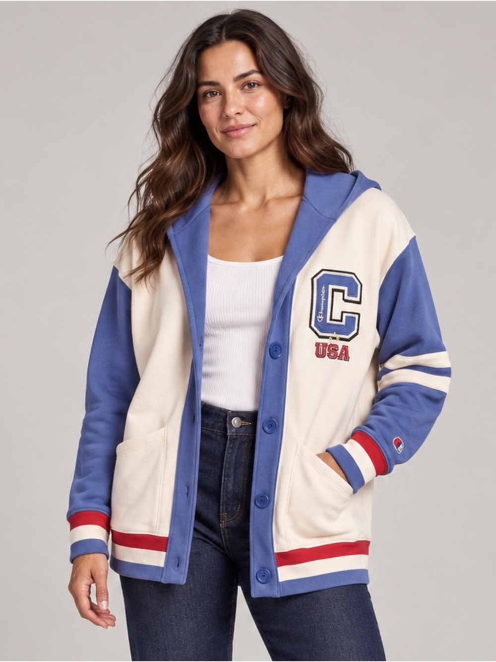 $55 Champion Gold Medal Varsity Hooded Cardigan Cream Blue XS